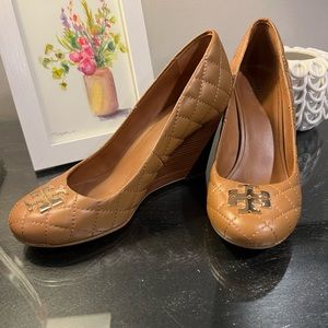 Tory Burch Tan Quilted Wedges